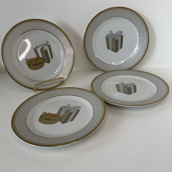 Vintage Lillian Vernon Christmas/Birthday Platinum Gold Rim 8” Plates Set of 4 - Picture 6 of 9